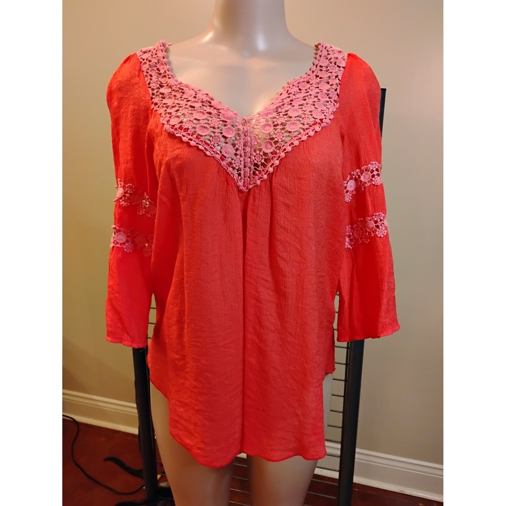 Karlie Coral Red Crochet Lace V-Neck Gauze Blouse Boho Top 3/4 Sleeve Size L